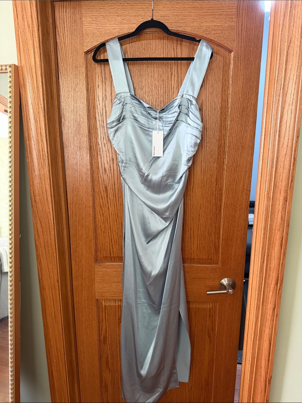 NEW with TAG. Reformation Satin Pleated Bodice Dress in mineral